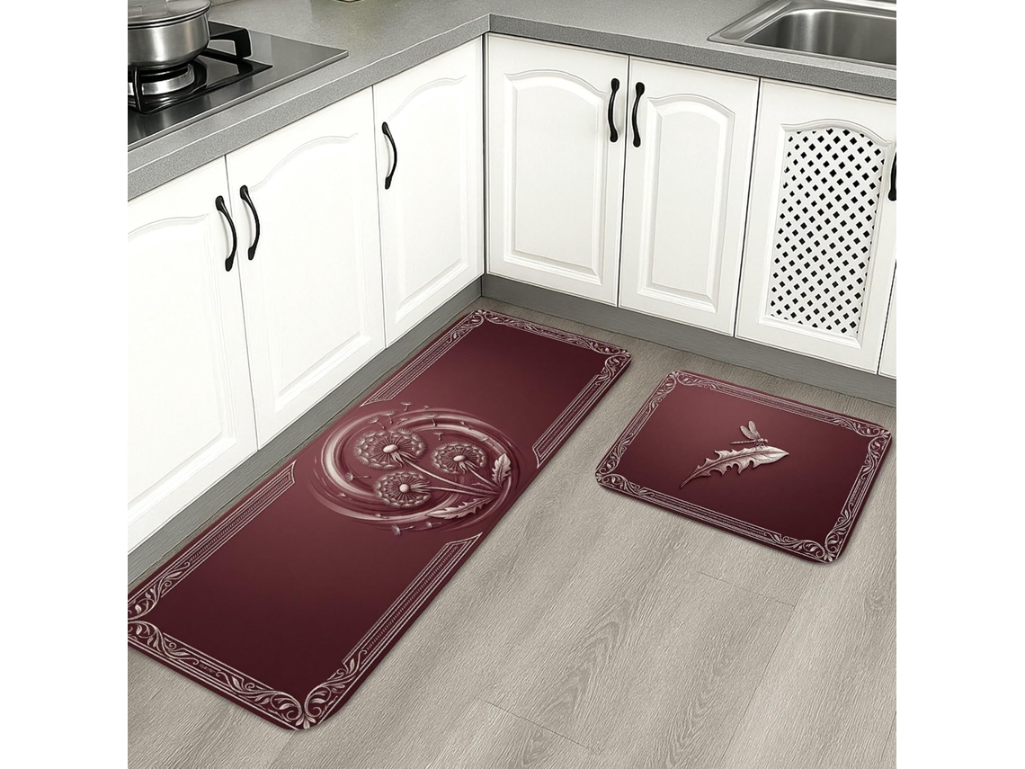 Tapetes de cozinha clássicos e elegantes, com estampa floral bordô, acolchoados, confortáveis e laváveis, ideais para