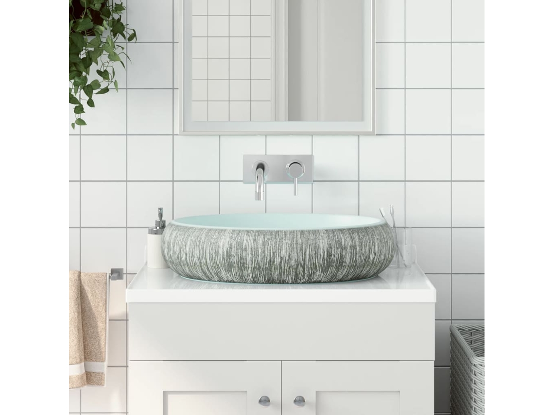 Vidaxl Lavatório De Bancada Oval 59x40x15 Cm Cerâmica Cinza E Azul
