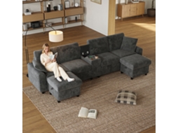 Sofá Forma U 315x81x135 Cm - 2 Pufes Arrumação, Mesa, 2 Porta-copos - Cinza