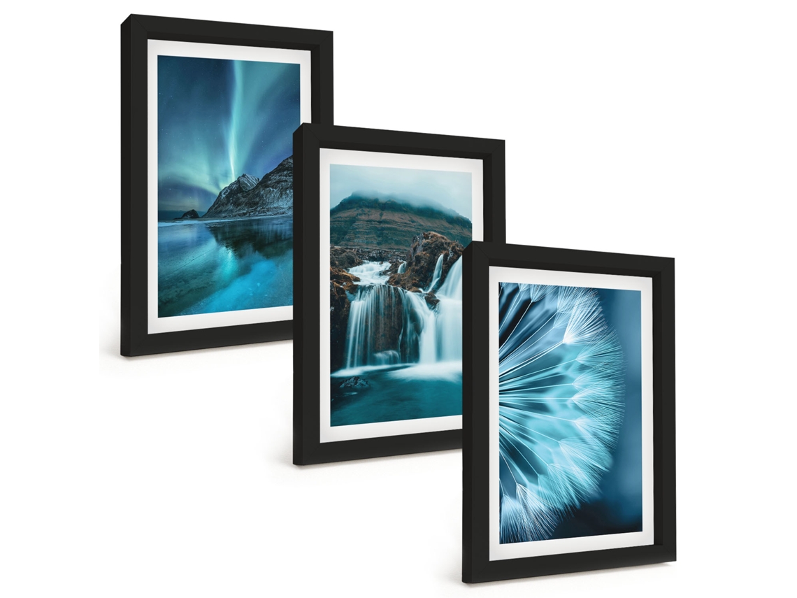 Conjunto De Pinturaspaisagens De Inverno Com Cachoeiras Moldura Preta Quadros Para A Sala De Estar Espelharte (3 Peças 20x30 Cm)