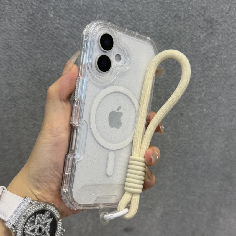 Capa Transparente Magnética Para Iphone 17 (branco), Com Alça De Pulso E Cordão, Resistente A Impactos.
