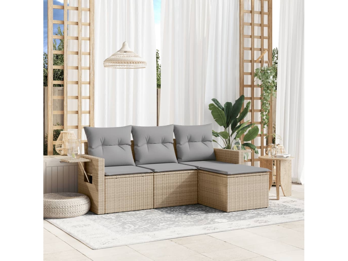 Vidaxl 4 Pcs Conjunto De Sofás Para Jardim C/ Almofadões Vime Pe Bege