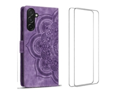 Capa Tkdaddy Para Samsung Galaxy S24 Fe Com 2 Peças De Vidro Temperado Wanlonfeng Mtl Series Mandala Couro Capa De Celular Roxa