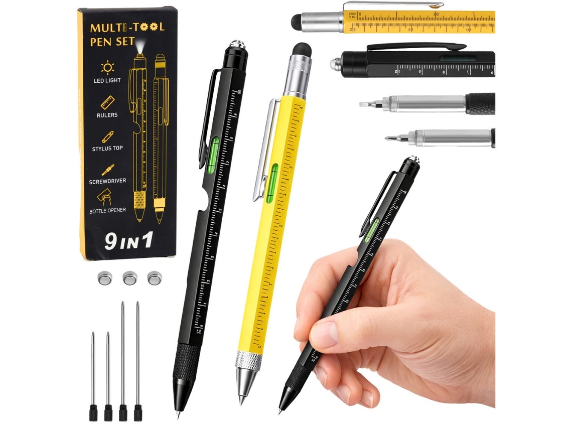 Caneta Multifuncional 9 Em 1 Com Led, Chaves De Fenda, Pacote Com 2 Unidades+ Refil