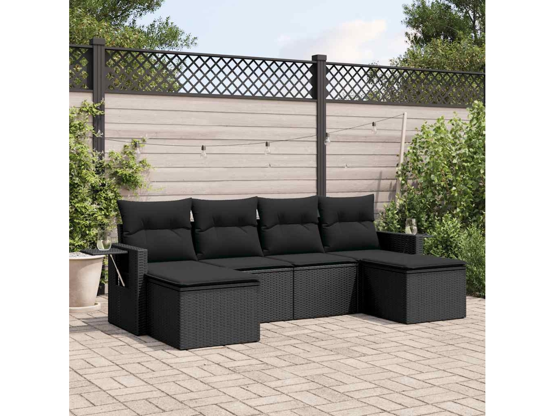 Vidaxl 6 Pcs Conjunto Sofás De Jardim C/ Almofadões Vime Pe Preto