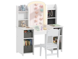 Penteadeira Infantil Com Banco E Espelho Led, Mesa De Beleza Para Crianças 3‑8 Anos 104x40x112 cm, Branco, Móvel Quarto Menina