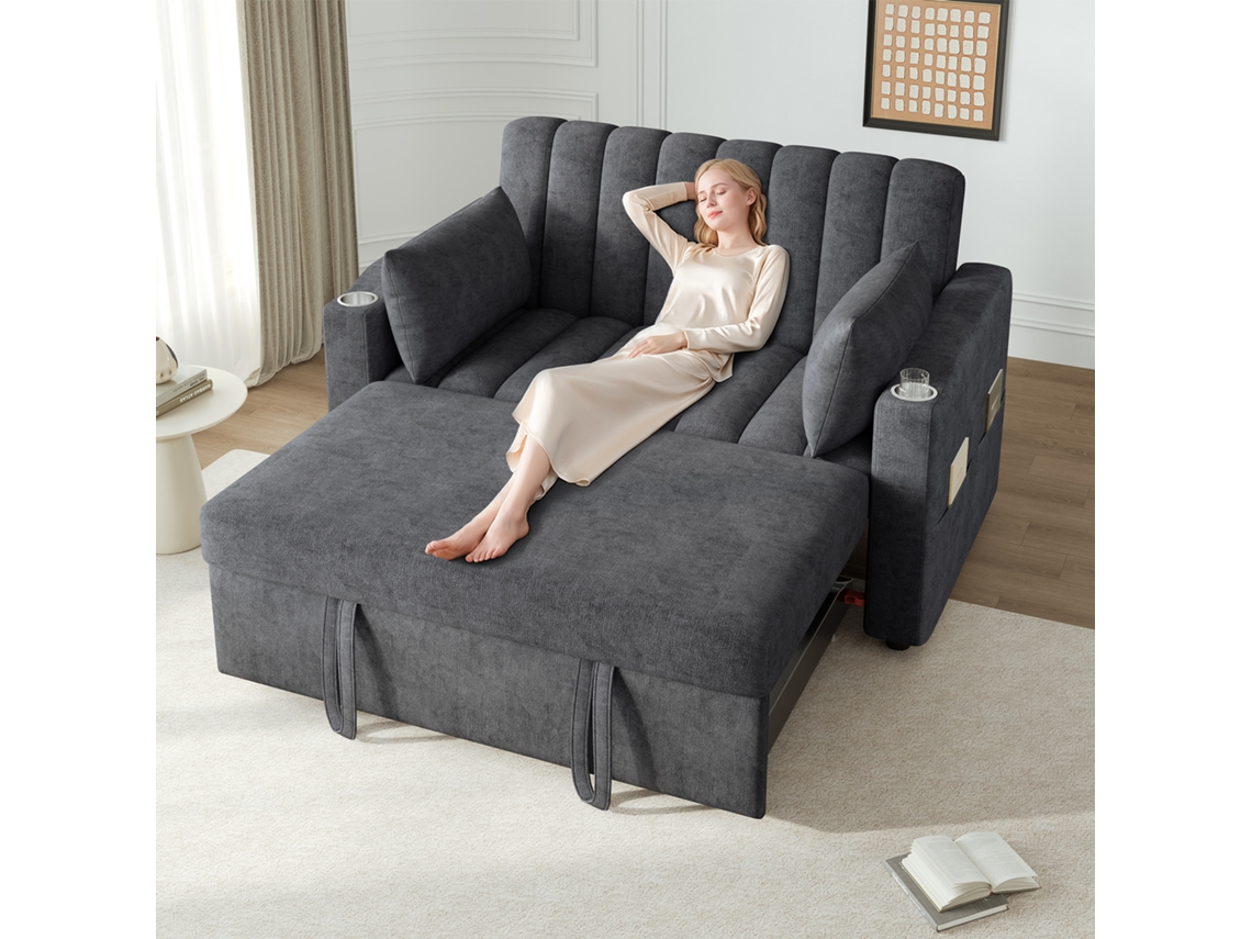 Sofá-cama Casal Com Encosto Ajustável, Porta-copos E Almofadas