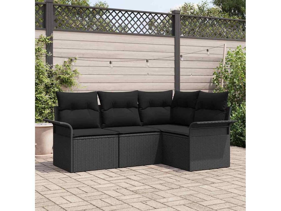 Vidaxl Conjunto De Sofá De Jardim Com Almofada 4 Pcs Preto Vime Pe