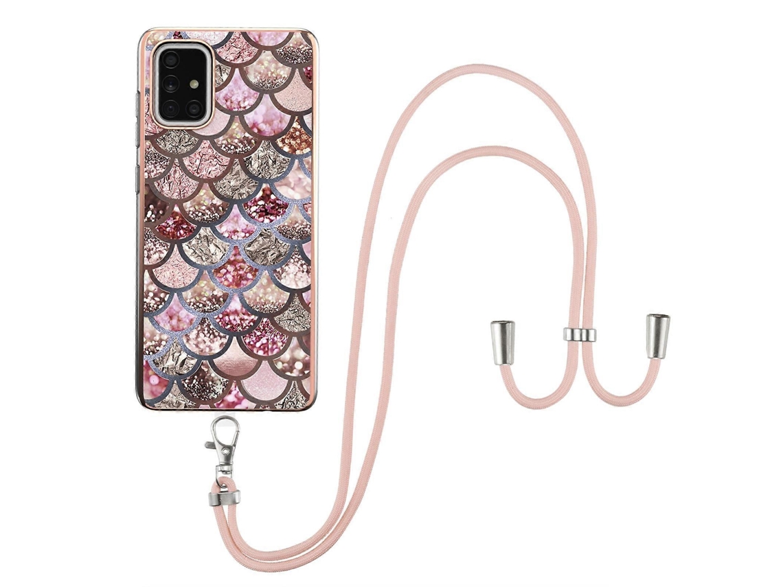 Capa Resistente A Impactos Em Tpu Imd Com Padrão Eletrogalvanizado Para Samsung Galaxy A71/a715, Com Cordão Para Pescoço.