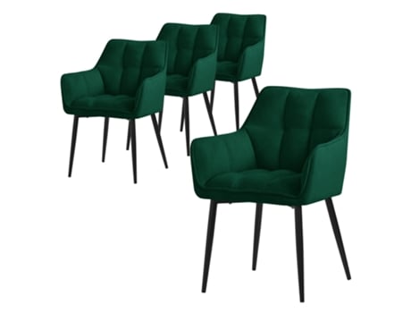 Conjunto de 4 Cadeiras de Jantar em Tecido Turco Verde Escuro com Assento Estofado Espesso e Pernas de Metal ML-DESIGN