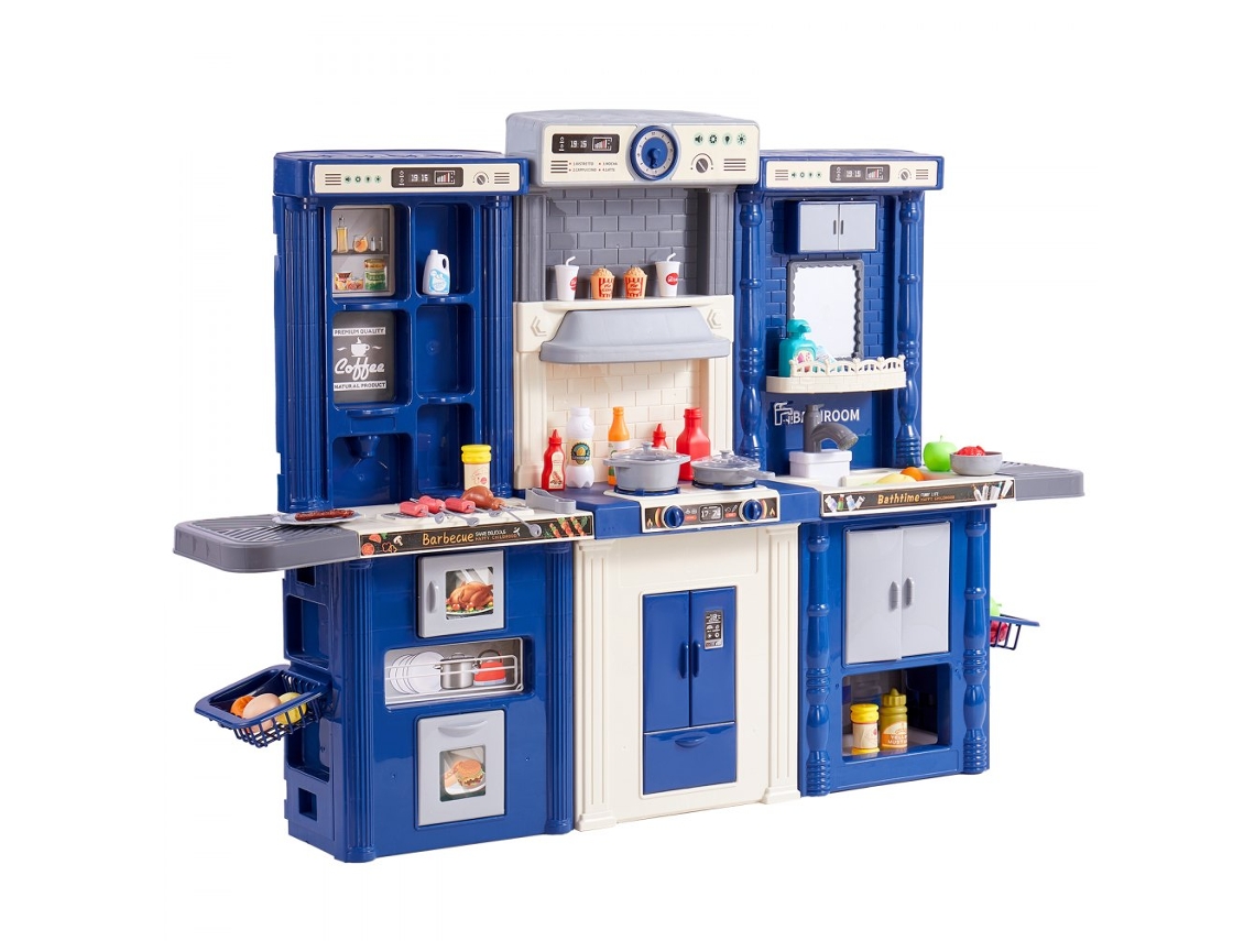Conjunto De Cozinha Infantil 3 Em 1 Azul Com 74 Peças, Modular, Com Luz E Som Tekmaquinas