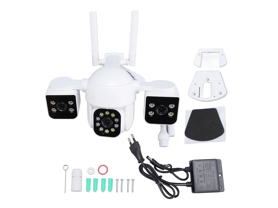 Câmara De Segurança Exterior Sem Fio Com 3 Lentes 1mp Hd 360° Pan Tilt Voz Bidirecional Com Luz E Alarme Para Casa