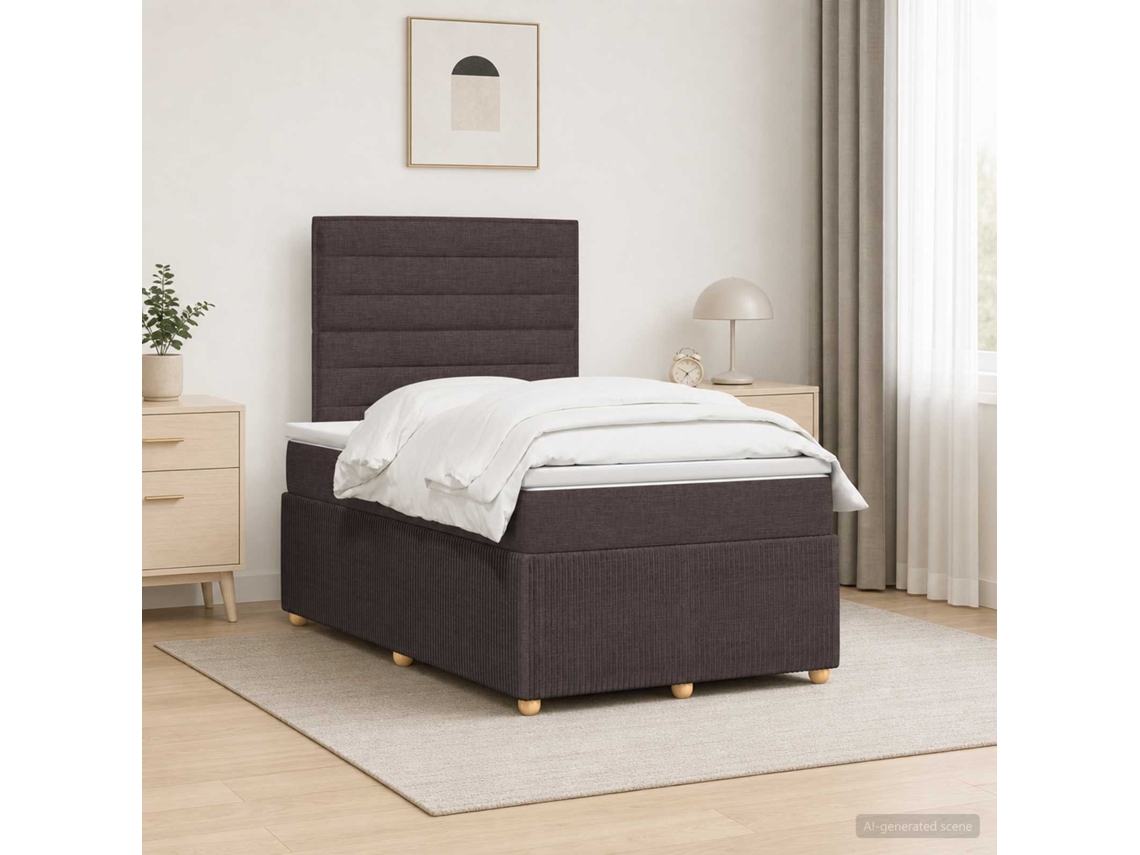 Vidaxl Cama Box Com Led E Colchão Marrom Escuro 120 X 190 Cm Tecido