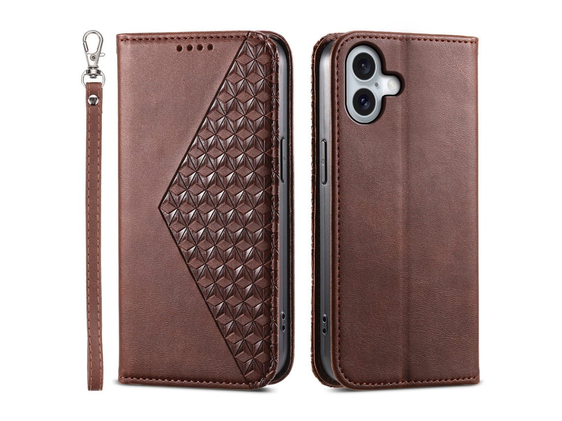 Capa Em Couro Pu Com Suporte, Para Apple Iphone 16 Plus - Cor Castanho
