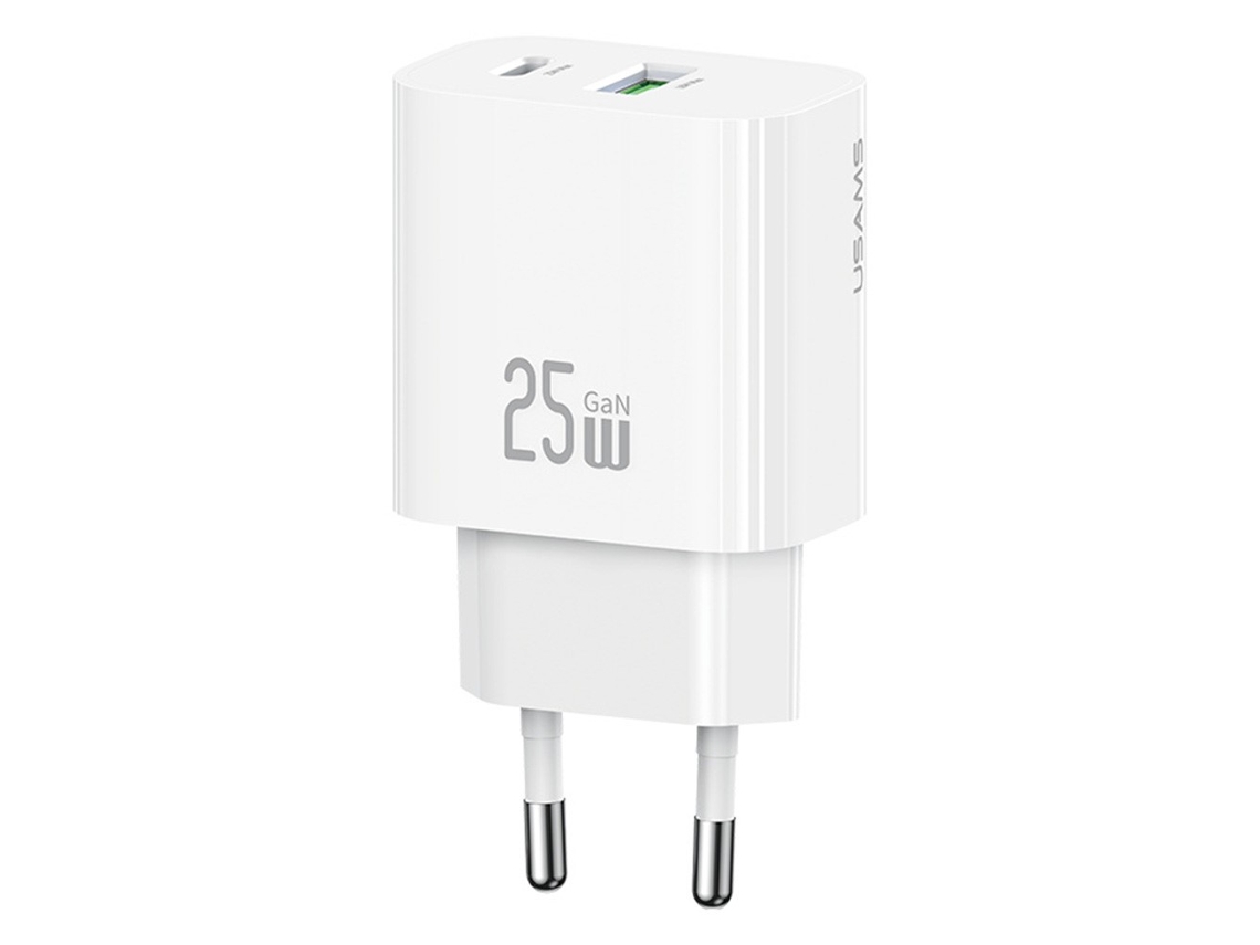 Cargador Rápido Usams Cc315 T65 de 25 W para Iphone 8 Serie 16, Adaptador Gan de Doble Puerto Usb a + Usb c Enchufe Europeo / Blanco