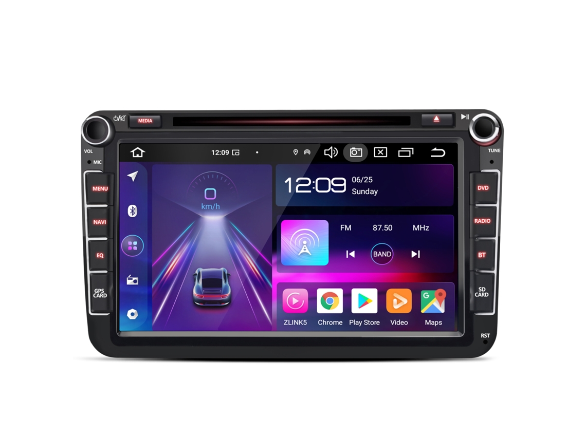 Autorrádio 2 DIN para VW, Skoda, Seat Android, 4GB+64GB, 8 Núcleos, Leitor de CD/DVD, Carplay e Android Auto Sem Fios, GPS, DSP, RDS JUNSUN