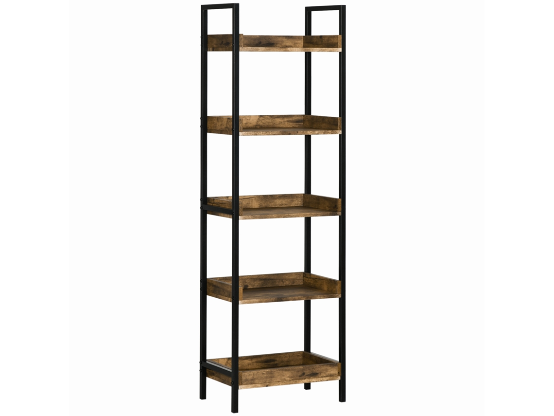 Estante de livros industrial com 5 prateleiras de madeira e metal 48x30x155cm Marrom
