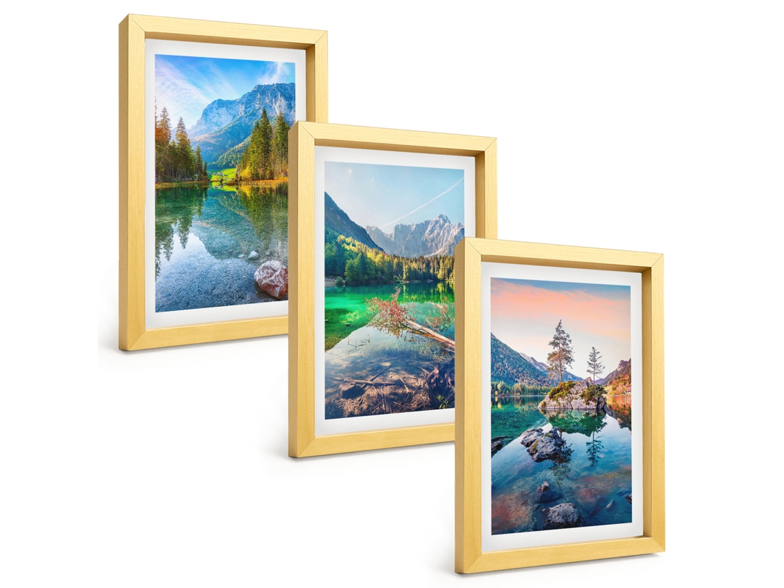 Conjunto De Pinturaslagos De Montanha, Paisagem Natural Moldura Dourada Quadros Para A Sala De Estar Espelharte (3 Peças 20x30 Cm)