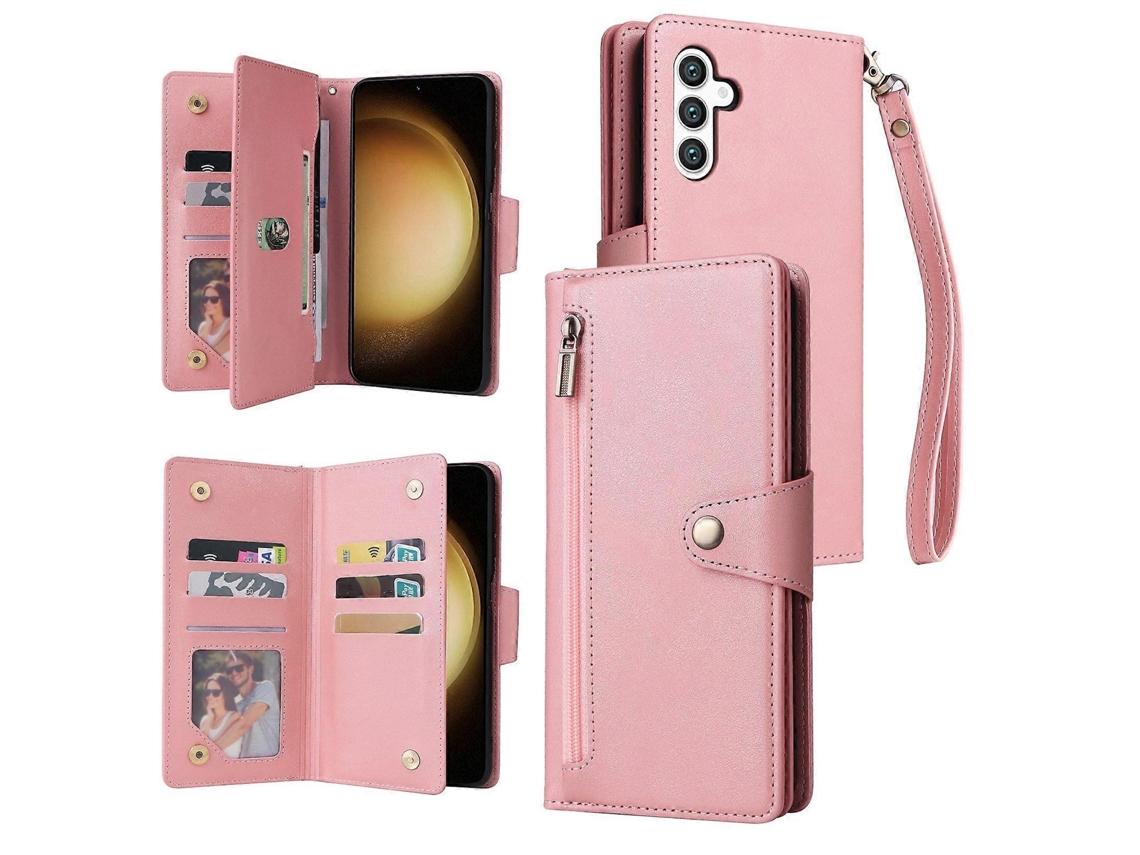 Capa De Celular De Couro Com Fivela De Rebite E 9 Cartões Com Três Dobras