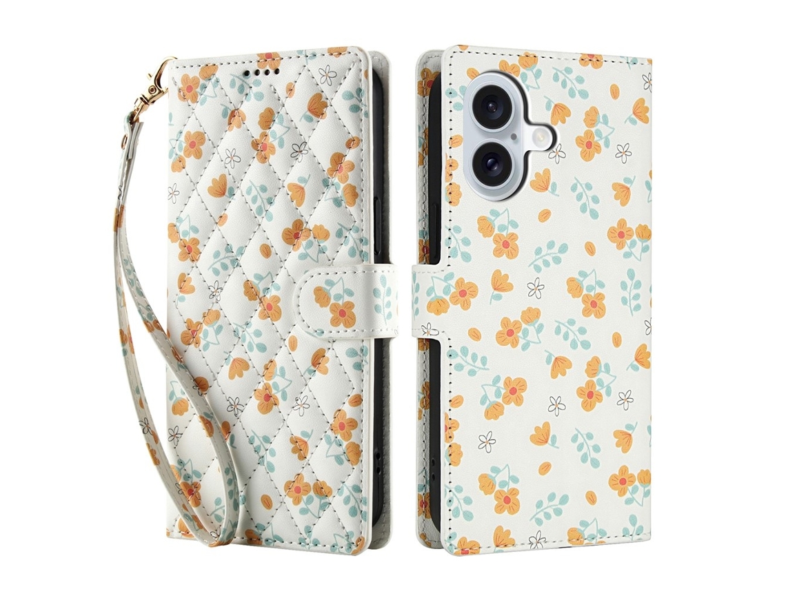 Capa Para Iphone 17 Em Couro Com Estampa De Losangos E Flores, Branca.