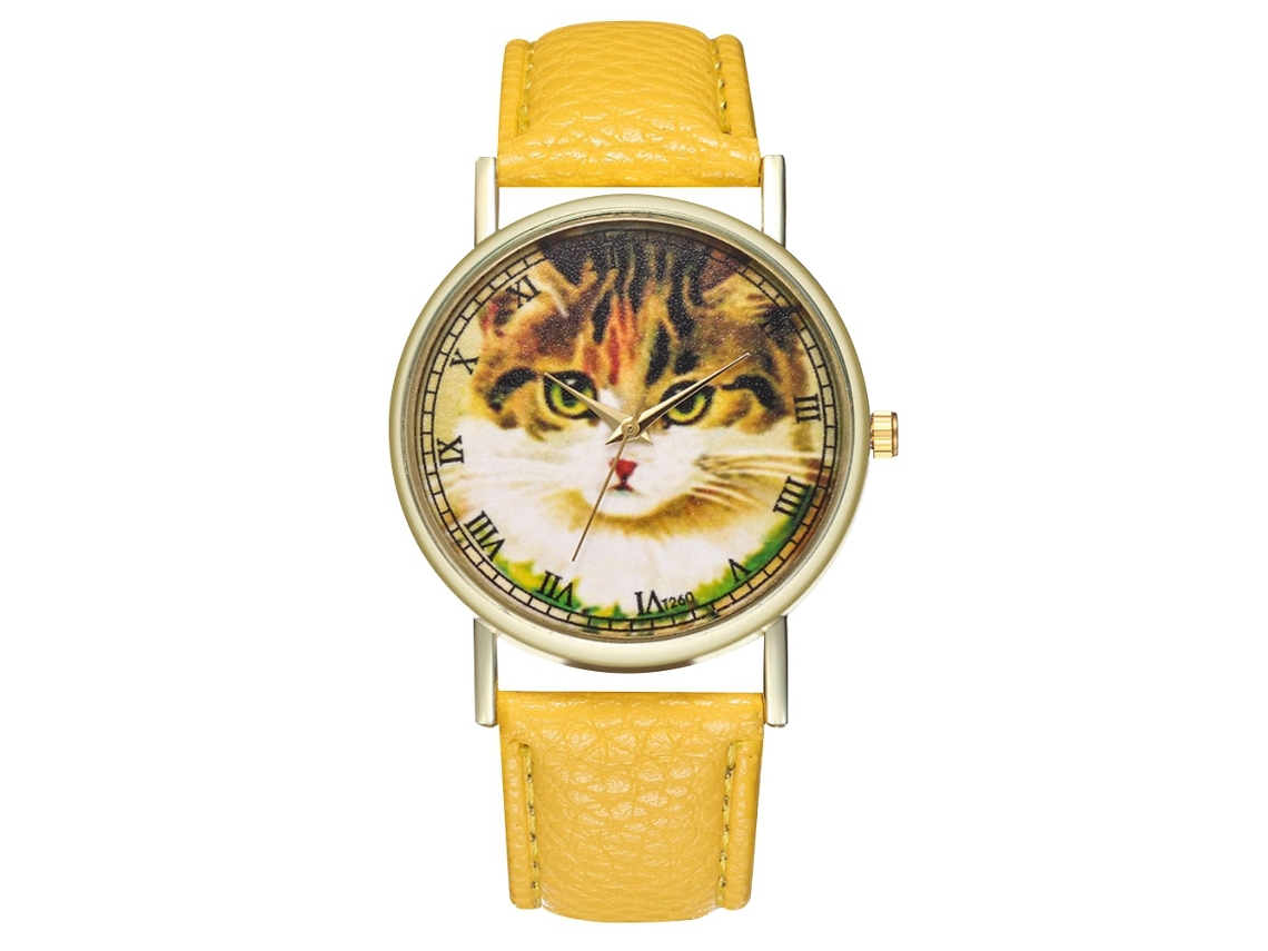 Reloj De Cuero Pu Para Mujer Con Patrón De Gato Dial Redondo Cuarzo Amarillo