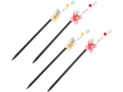 Conjunto de 4 presilhas de cabelo chinesas com flores e pompons, em madeira esmaltada vintage.