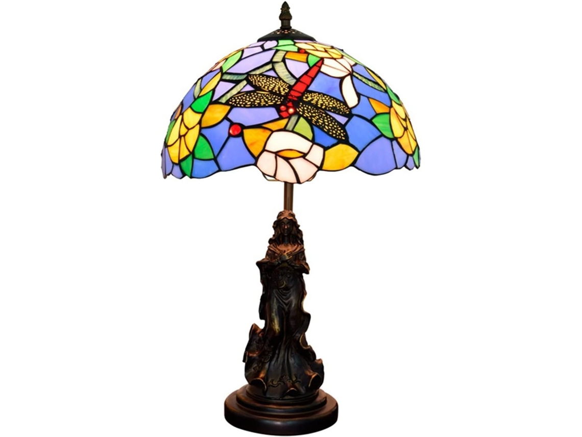 Abajur De Mesa Vintage Tiffany 30cm Com Vitral, Lindo Anjo, Libélula E Rosa, Estilo Mediterrâneo, Para Sala De Estar E