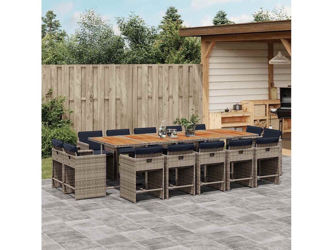 Vidaxl 15 Pcs Conjunto Jantar P/ Jardim C/ Almofadões Vime Pe Cinzento