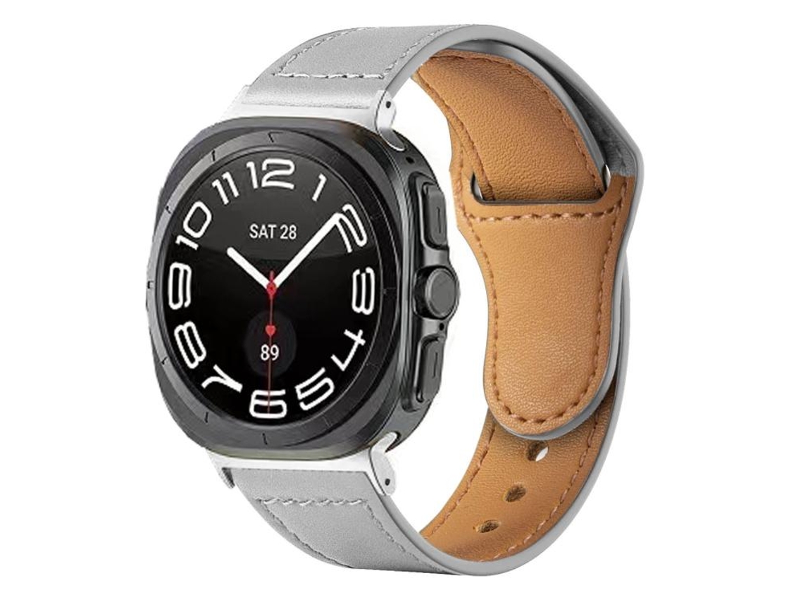 Bracelete Para Samsung Galaxy Watch Ultra (47mm) - Couro - Fivela Reversa E Rebite - Cinza Claro