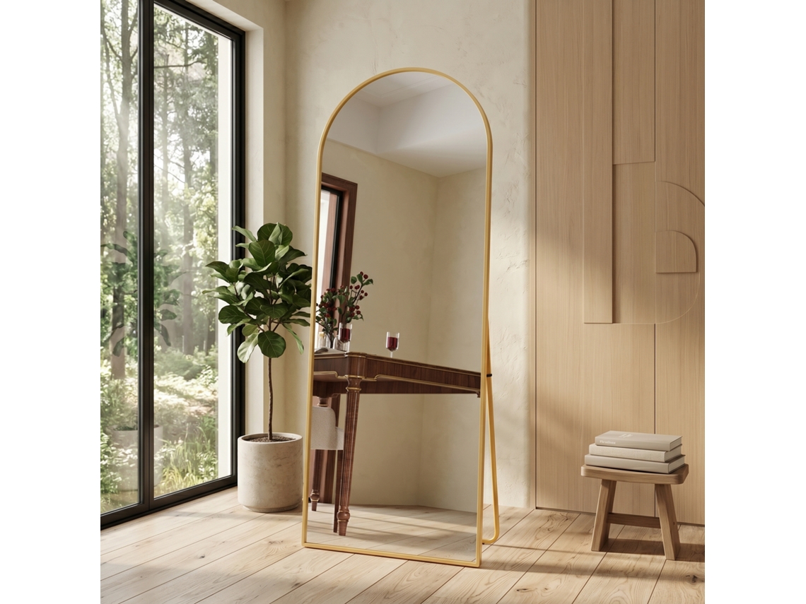 Espelho Arqueado de Corpo Inteiro 165x60 Cm, Espelho de Chão Ou Fixo na Parede com Moldura de Alumínio, para Quarto e Sala Estar, Dourado SIMURQ