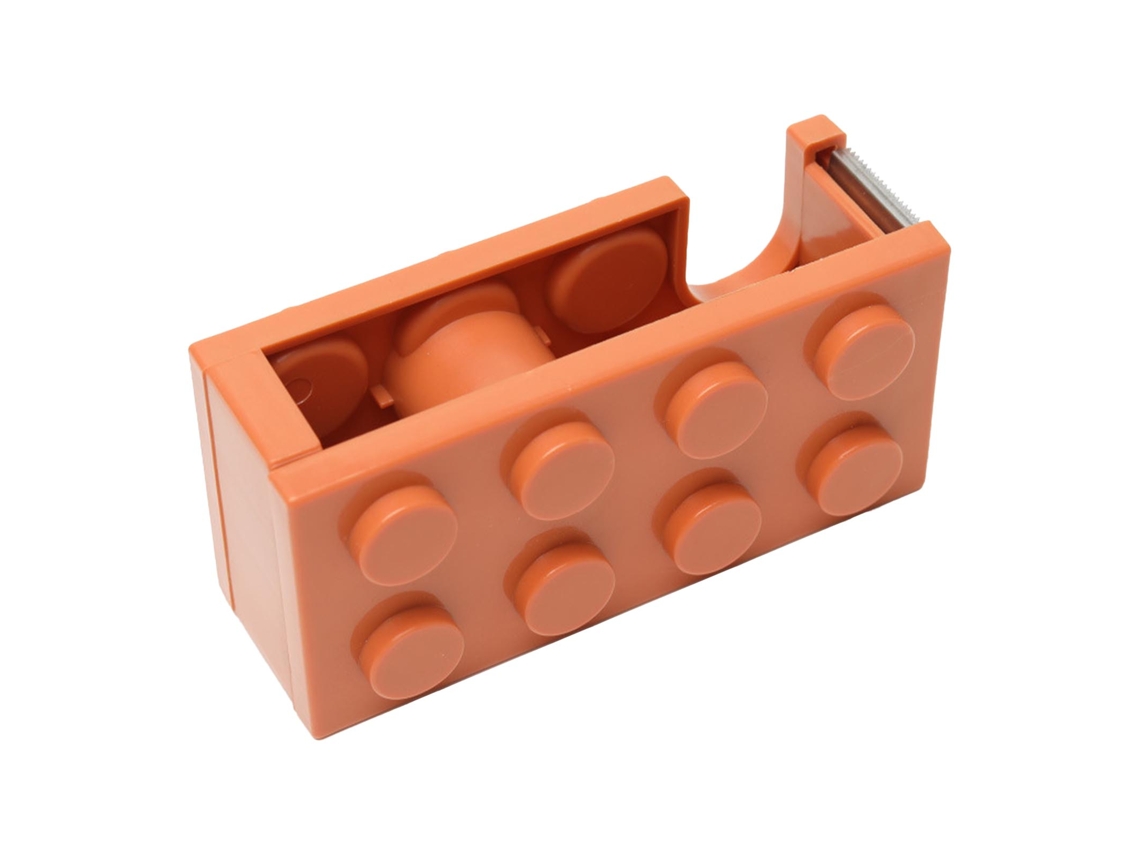 Dispensador de fita adesiva em formato de blocos fofos para mesa, escola ou escritório, na cor laranja.