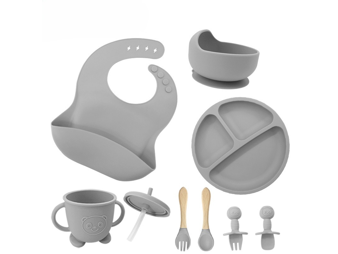 Conjunto de Utensílios em Silicone para Alimentação Infantil, com Ventosas na Base, 8 Peças Cinza PANOONA