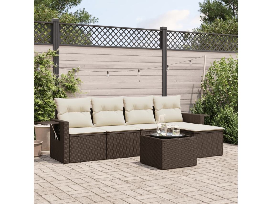 Vidaxl 6 Pcs Conjunto De Sofás Jardim C/ Almofadões Vime Pe Castanho