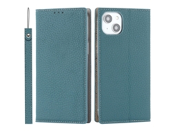 Capa Em Couro Genuíno Anti-queda, Textura Lichia, Com Suporte E Pega Para Apple Iphone 15 - Azul Bebé