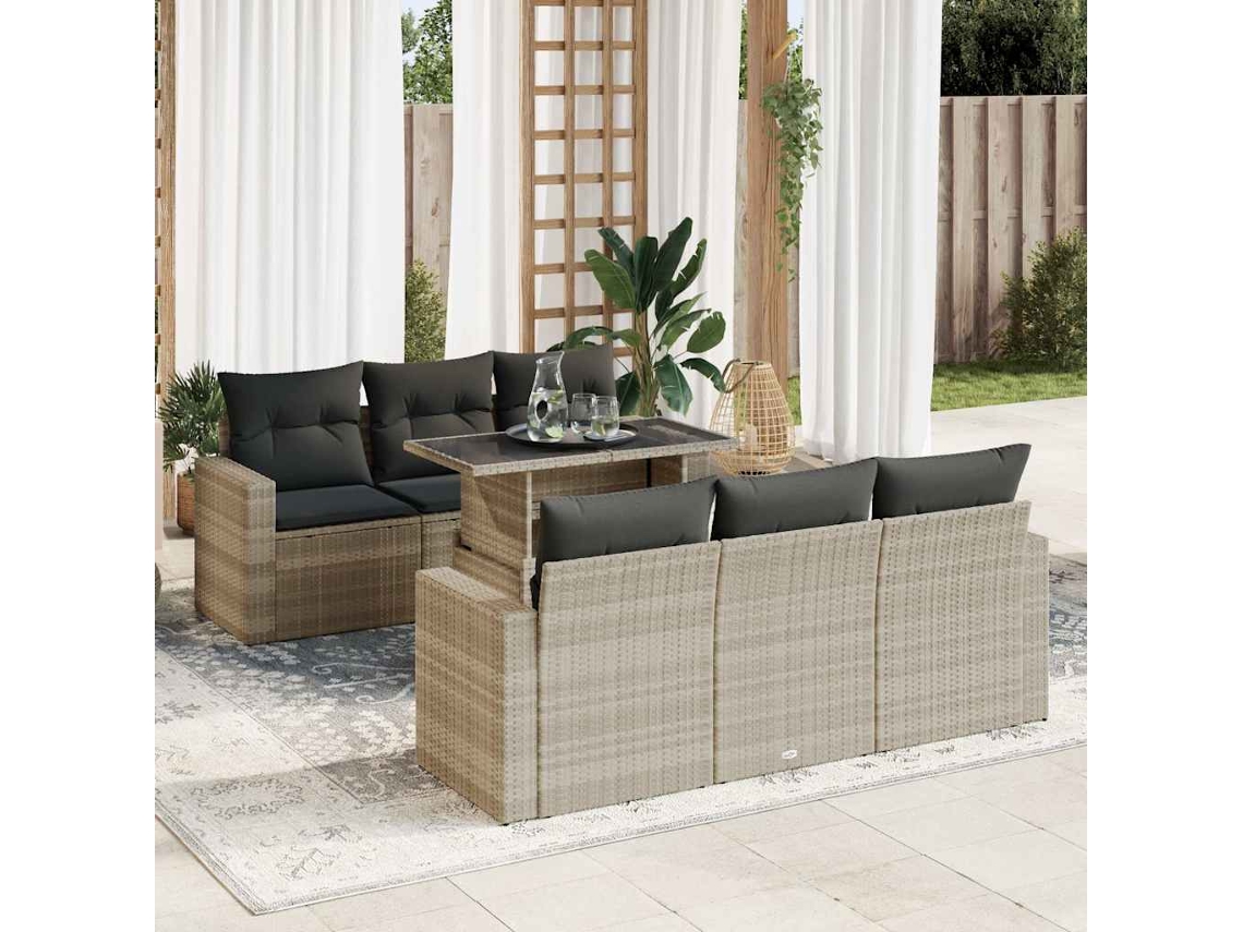 Vidaxl 7 Pcs Conj. Sofás Jardim Com Almofadões Vime Pe Cinzento-claro