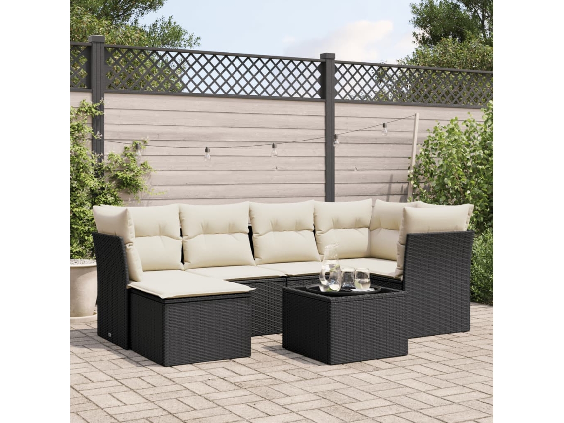 Vidaxl 7 Pcs Conjunto De Sofás P/ Jardim C/ Almofadões Vime Pe Preto