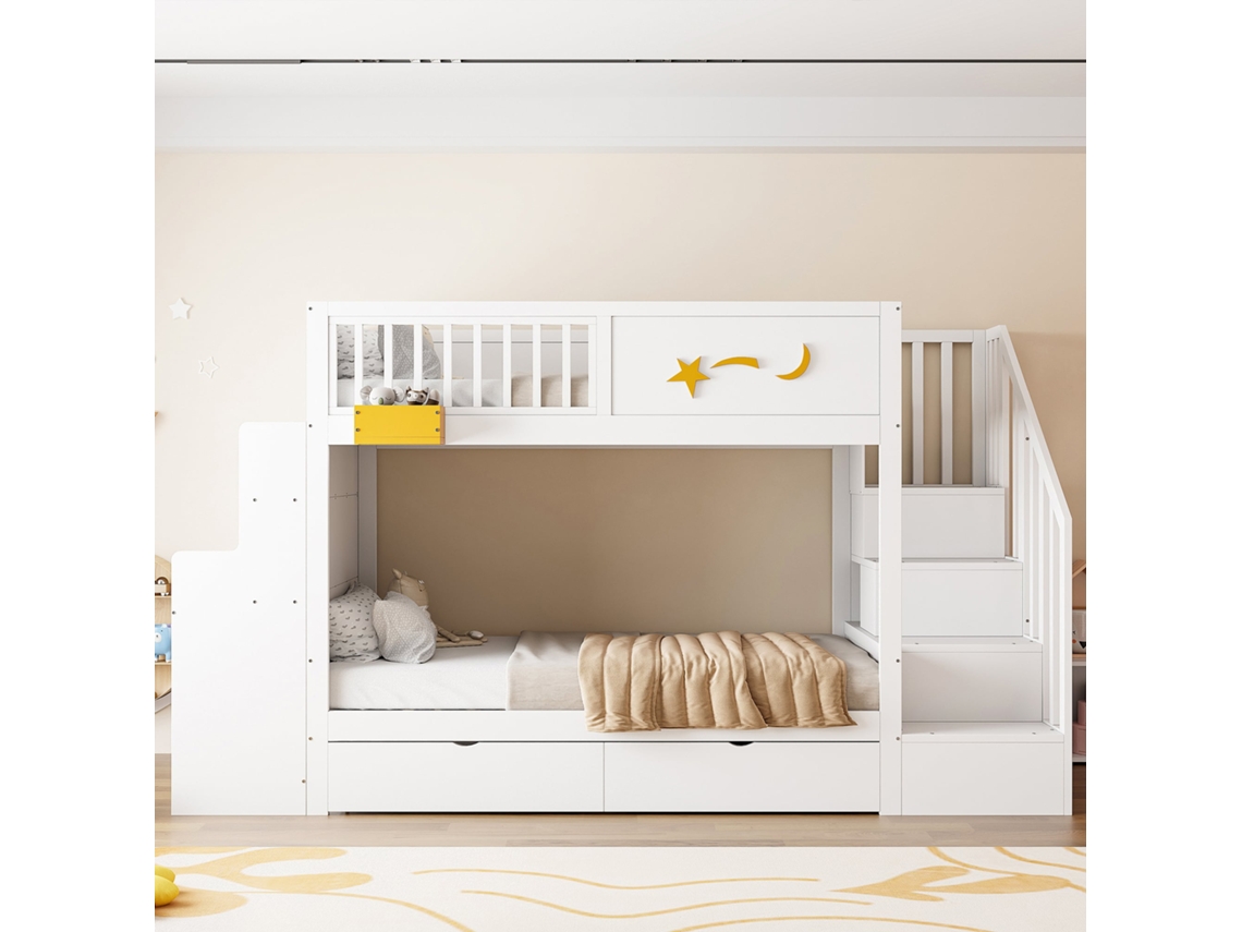 Beliche mezanino infantil 90x200cm de pinho com gavetas, escada de segurança, mesa, prateleiras, estrela branco KOMHTOM