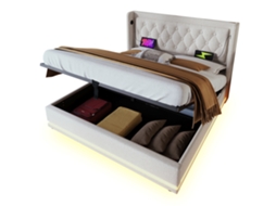 Cama de casal estofada 180x200cm em algodão bege com arrumação hidráulica, cabeceira Usb tipo c, iluminação led moderna PAPRIKA