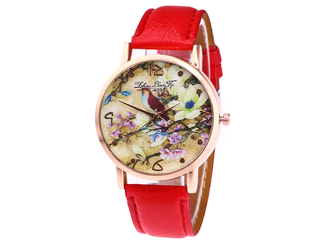 Relógio de Pulso de Quartzo com Pulseira Pu Padrão Flor e Pássaro Unissex (vermelho)