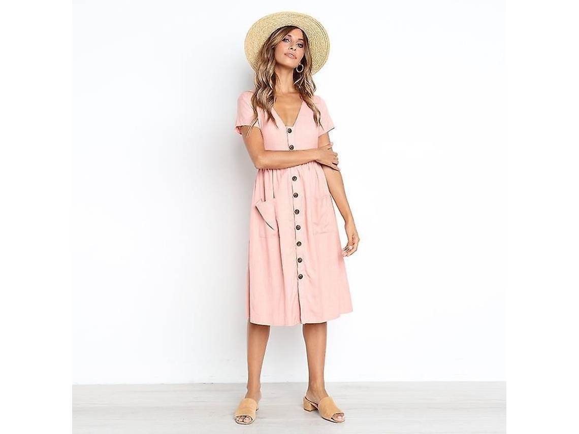 2026 vestido Casual Midi para Mujer com Manga Curta Colarinho em V, Botões e Bolsos Verão A line