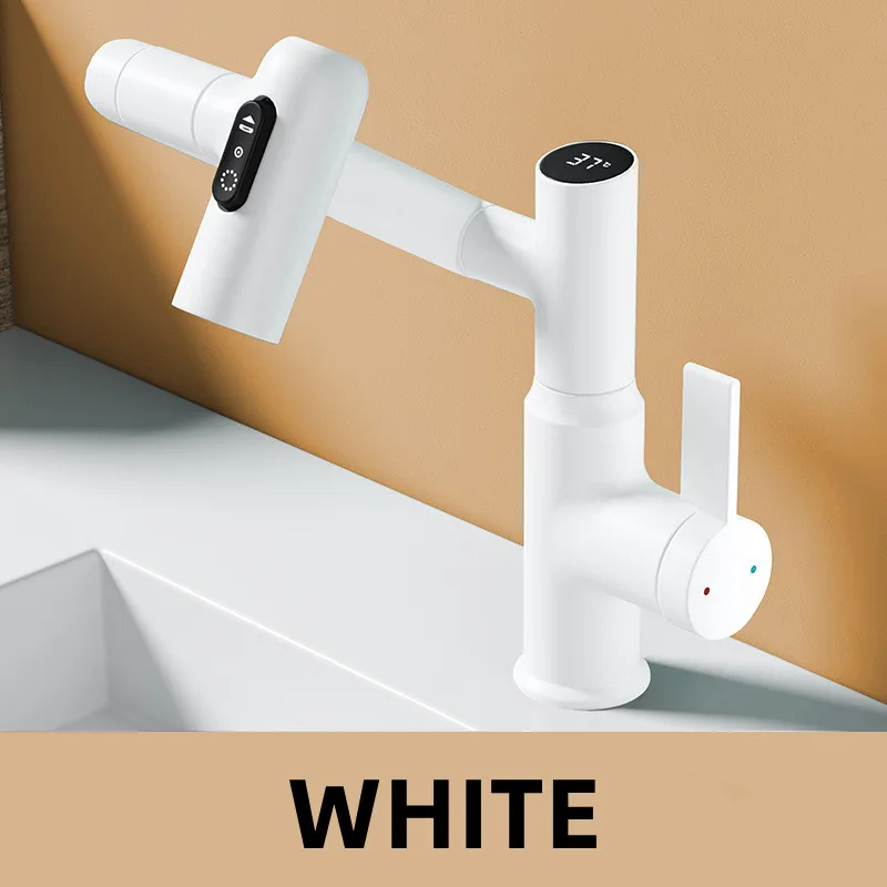 (branco) Torneira De Lavatório Com Visor Digital Led E Chuveiro Multifuncional Com Rotação De 360° Para Mistura De Água Quente E Fria