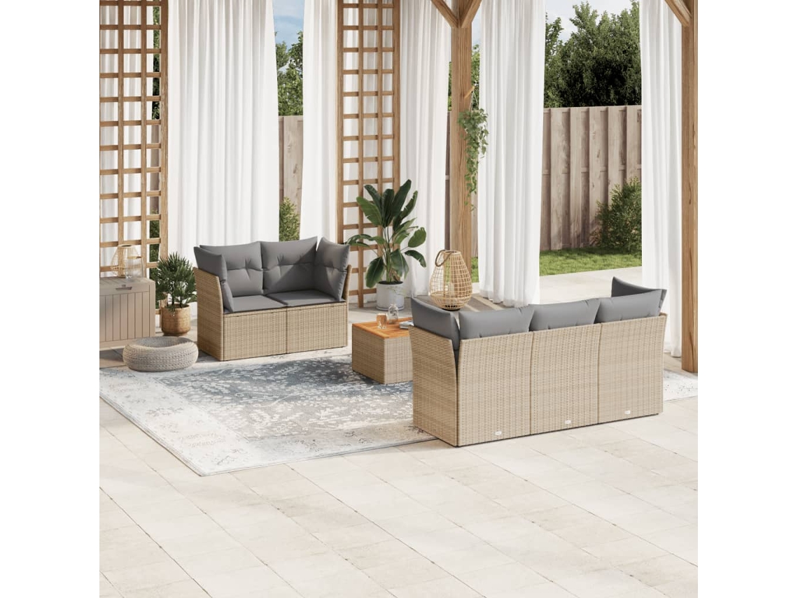 Vidaxl Conjunto De Sofá De Jardim Com 6 Peças E Almofadas Em Rattan Sintético Bege Mesclado