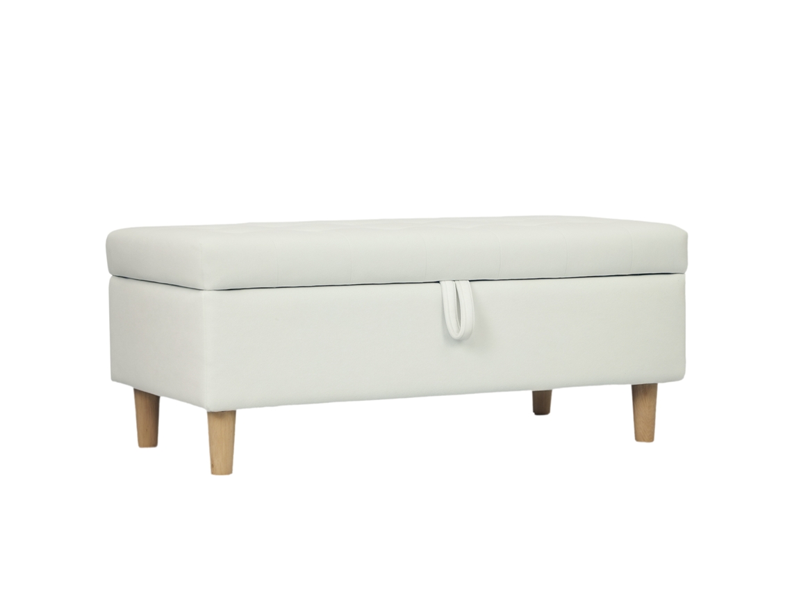 Banquinho cozido com espaço de armazenamento, pés de madeira, revestimento em tecido resistente, branco creme Hm