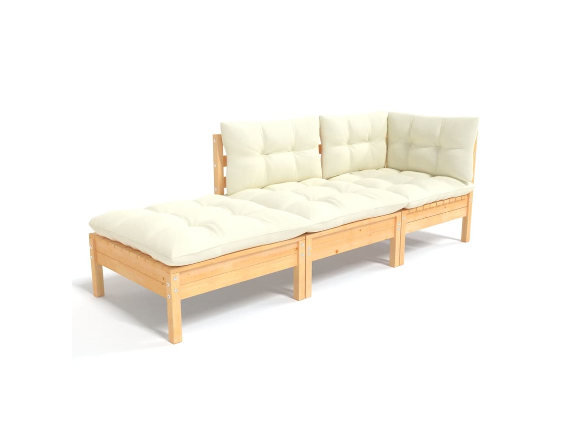 Conjunto de 3 Lounge Jardim com Almofadões Creme Pinho Maciço MAISON EXCLUSIVE