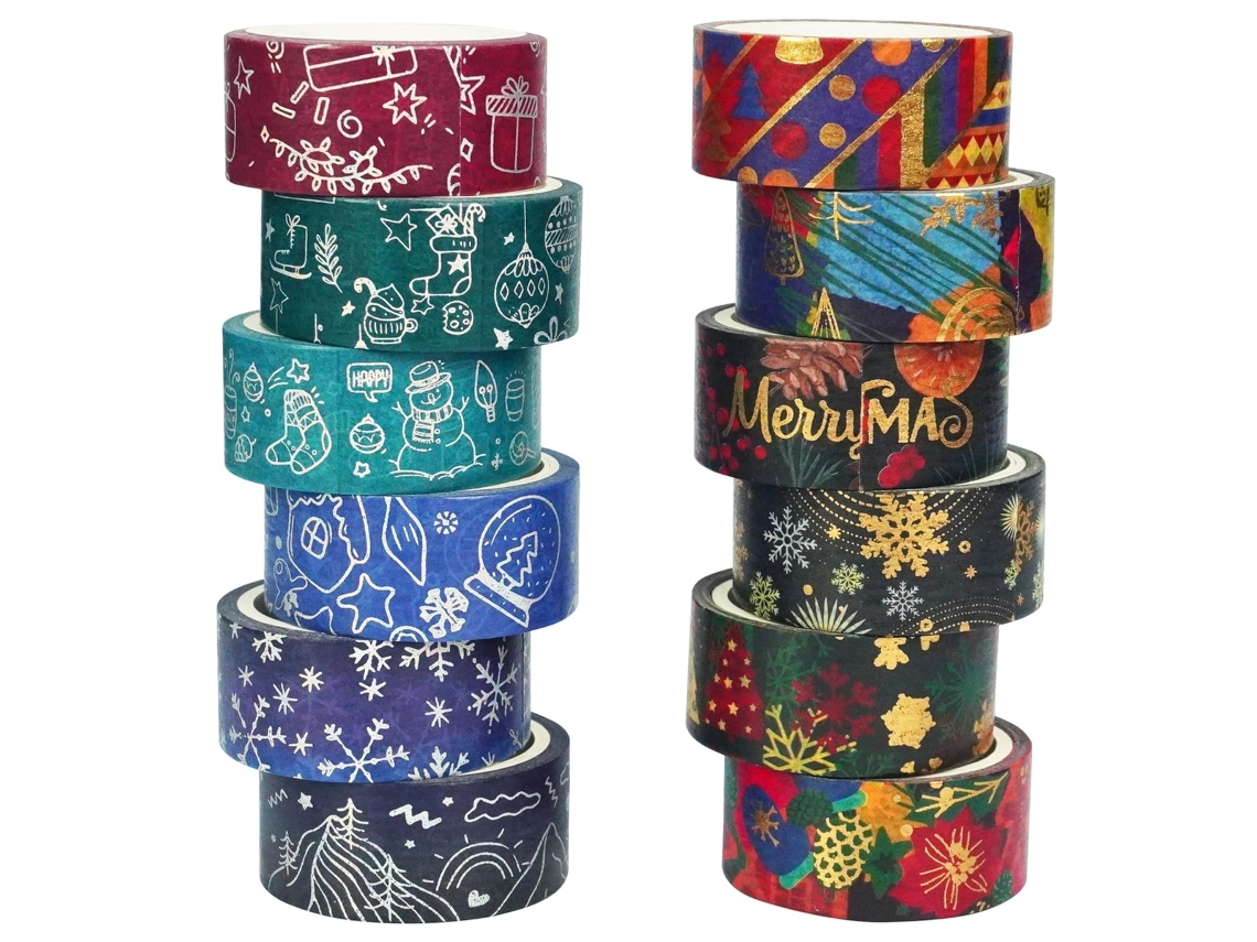 Fita Adesiva Washi, 12 Rolos, Reutilizável, Multiuso, De Fita Adesiva Washi Ecológica Com Estampas Natalinas Variadas