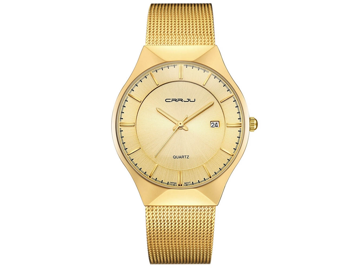 Relógio masculino de quartzo, à prova d'água, metal, pulseira ajustável, dourado.
