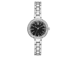 Relógio de Pulso Feminino de Quartzo com Strass Pulseira de Aço Liga Prata Preto