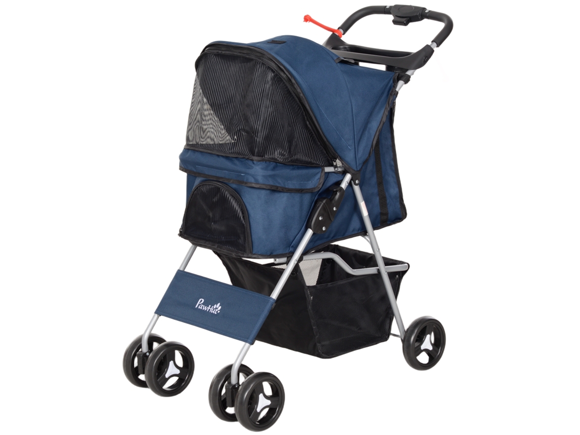 Carrinho De Estimação Dobrável Com Capô Ajustável Cesta De Armazenamento 74x46x94 Cm Azul Escuro