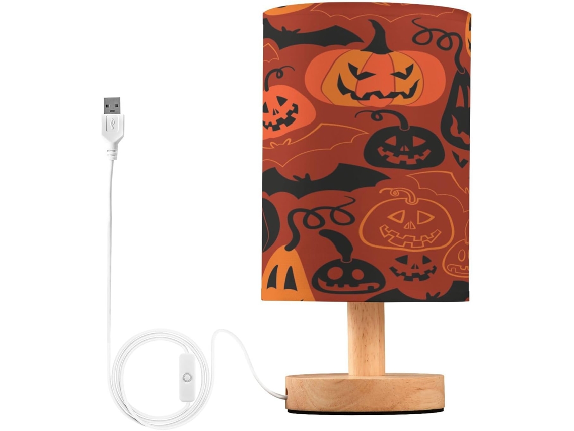 Luminária de mesa Skyshu LED em formato de cabeça de abóbora de Halloween, tamanho pequeno, com fonte de alimentação USB e base de madeira.