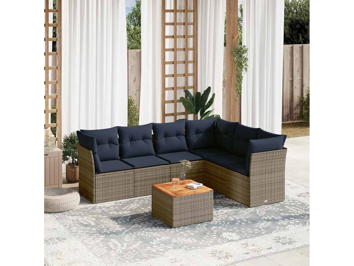 Vidaxl 7 Pcs Conjunto Sofás P/ Jardim C/ Almofadões Vime Pe Cinzento
